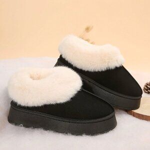 Black Casual Women's Thick Flat Suede Shearling Slippers